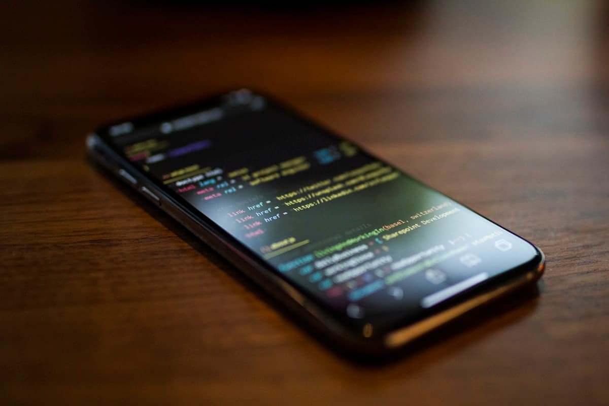 Smartphone con codice sorgente sullo schermo per lo sviluppo di app mobile aziendali