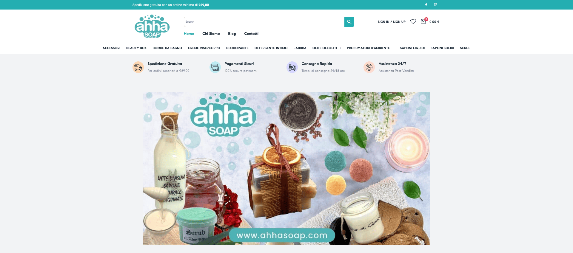 Homepage e-commerce Ahha Soap cosmetici naturali