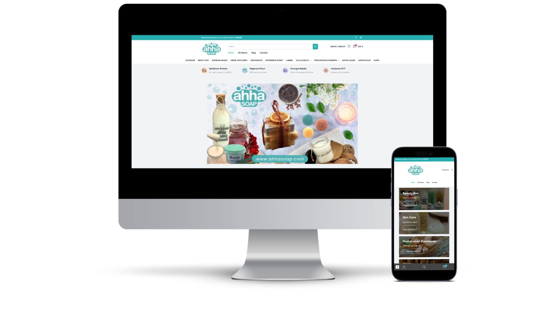 E-commerce Ahha Soap su desktop e mobile