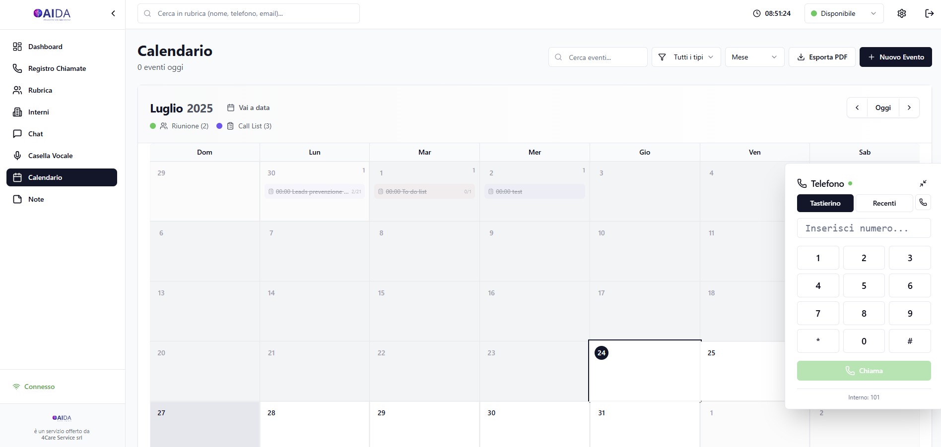 Calendario appuntamenti e pianificazione chiamate Aida VoIP