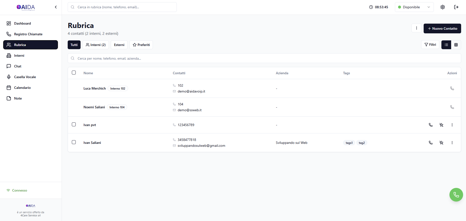 Rubrica contatti integrata Aida VoIP per gestione clienti