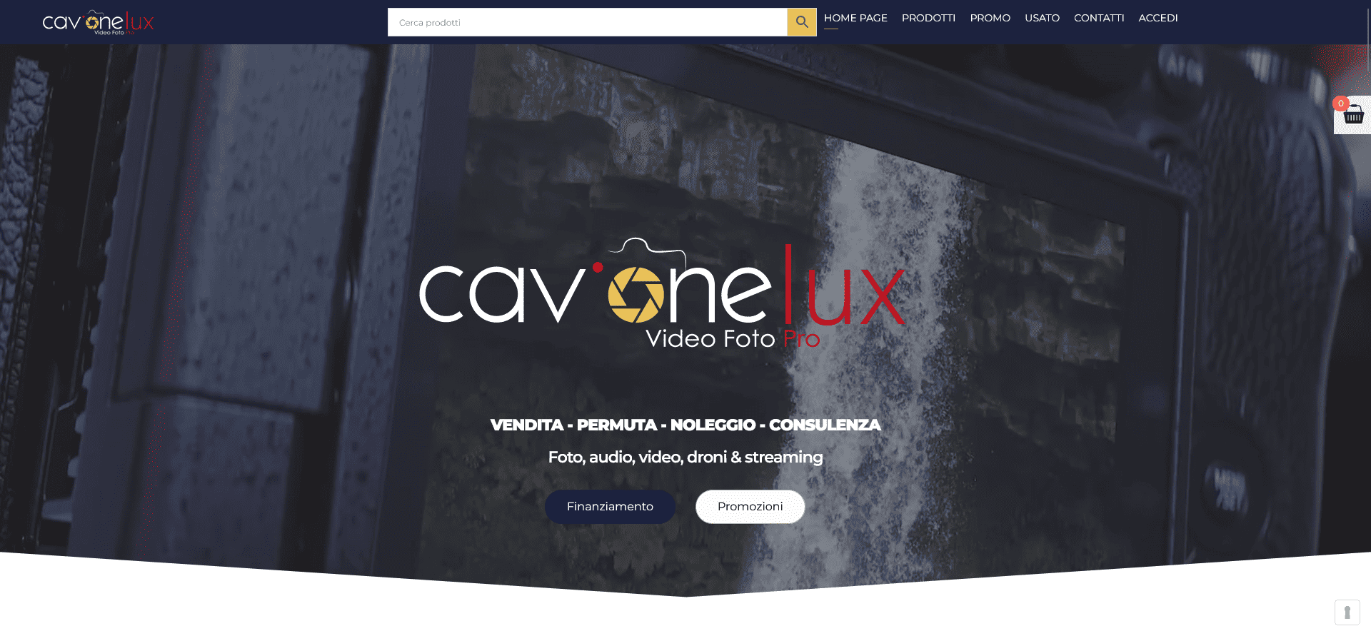 Homepage e-commerce CavoneLux prodotti fotografici