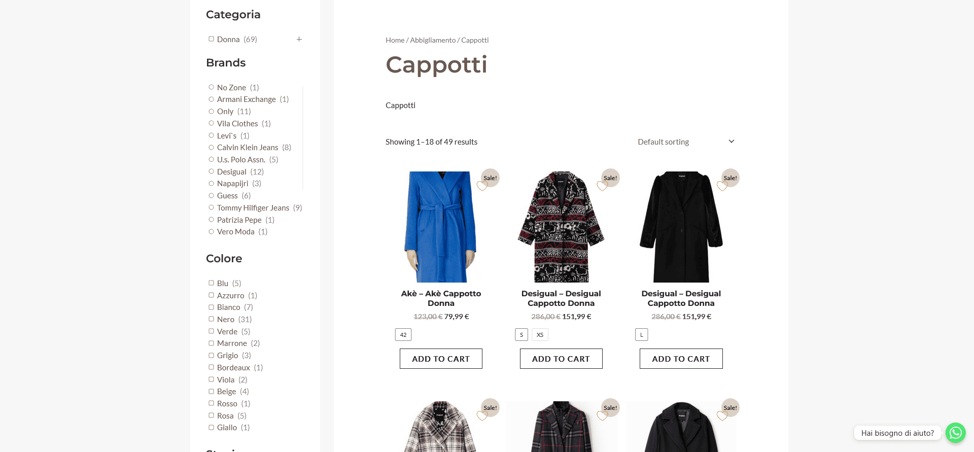 Pagina categoria prodotti moda Filadi con filtri