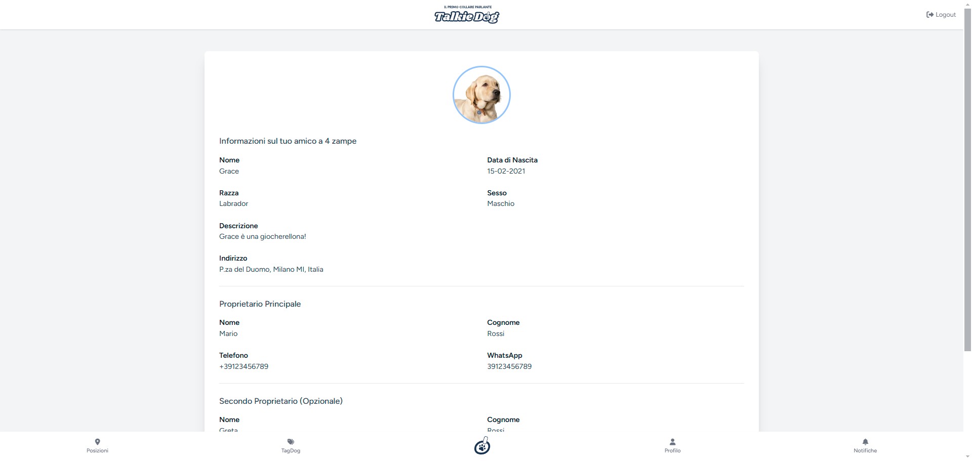 Profilo animale domestico con dati e foto su TalkieDog